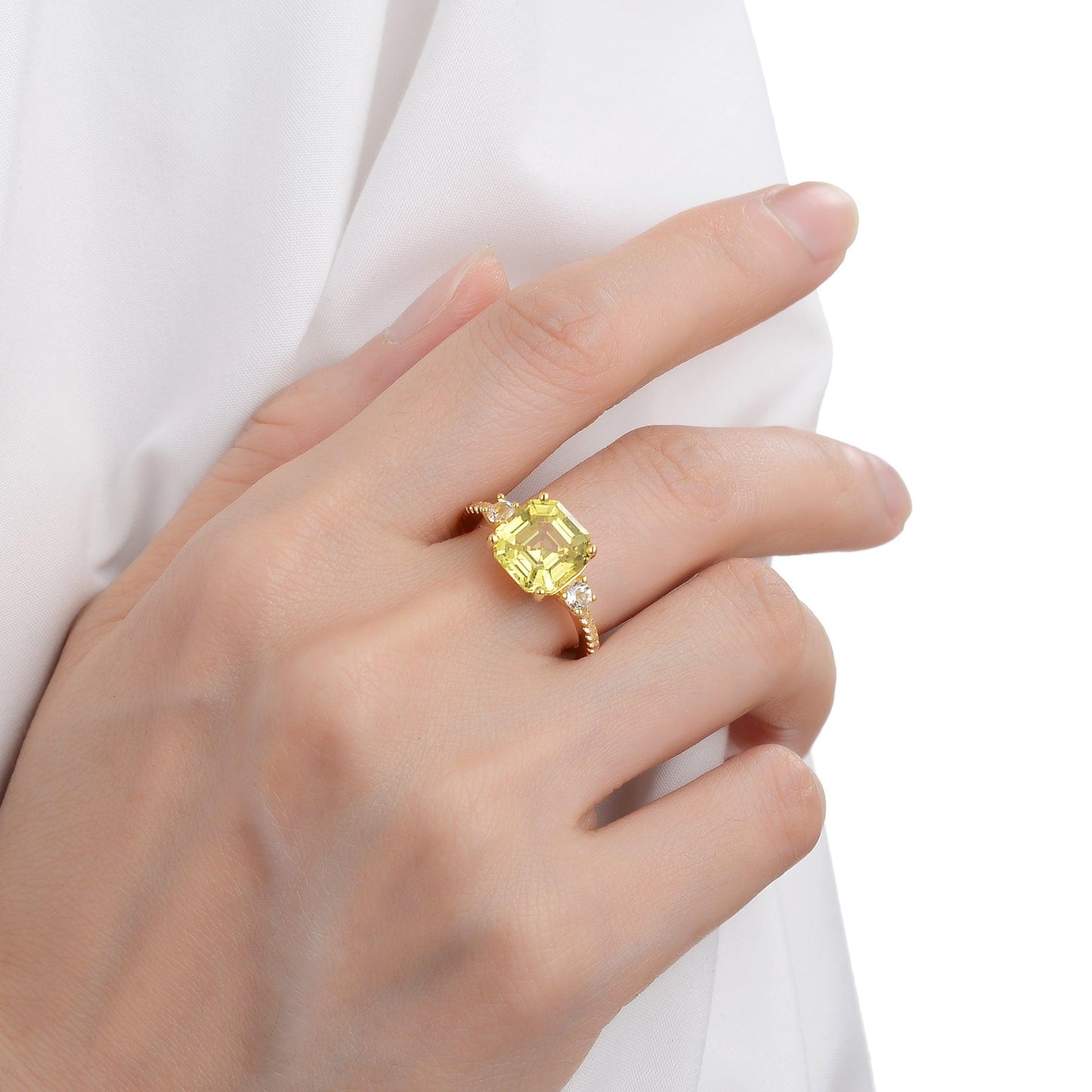 3.60 Ct Asscher Yellow Sapphire Prong 18k Gold Yellow Over Silver Three Stone Ring