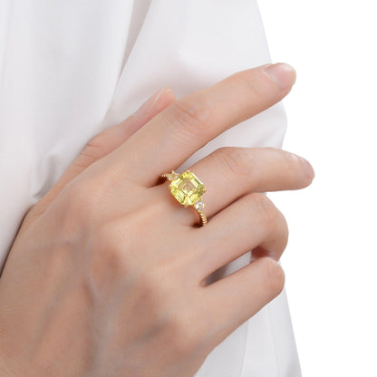3.60 Ct Asscher Yellow Sapphire Prong 18k Gold Yellow Over Silver Three Stone Ring