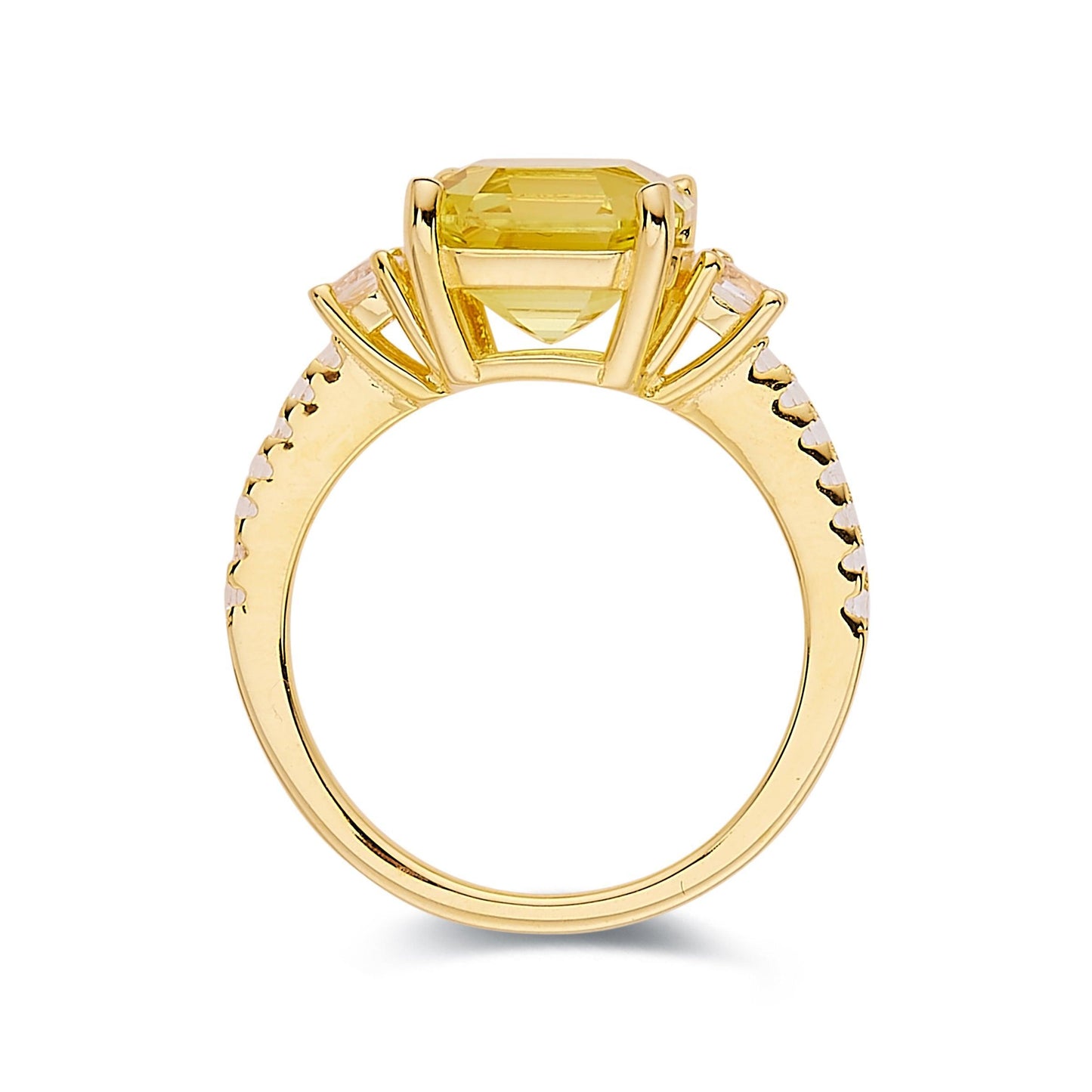 3.60 Ct Asscher Yellow Sapphire Prong 18k Gold Yellow Over Silver Three Stone Ring
