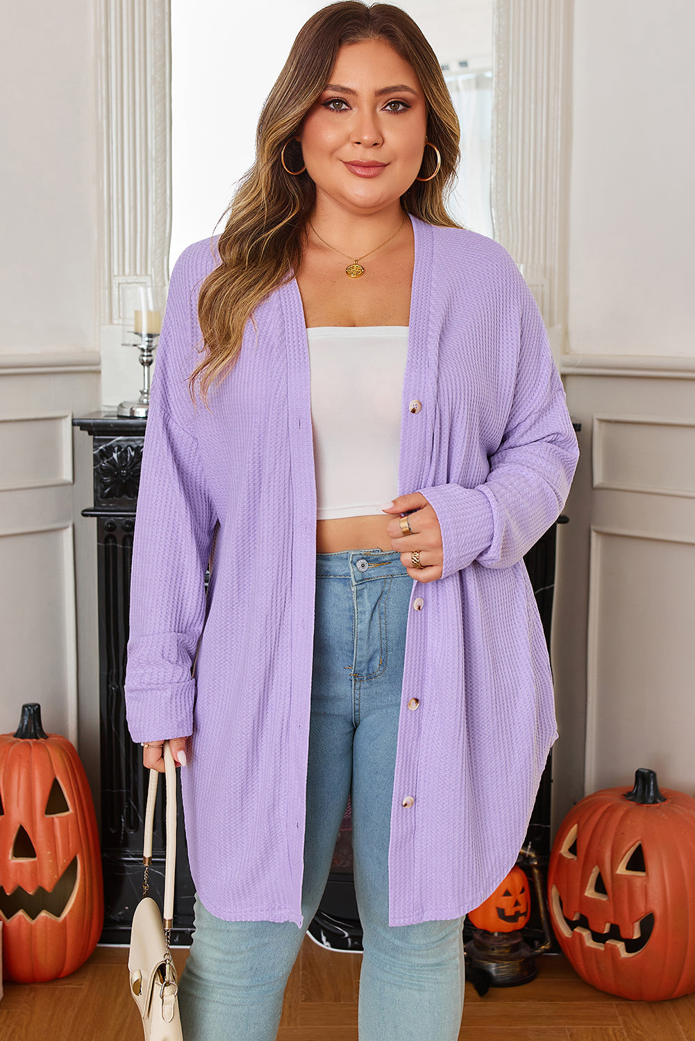 Threaded Pear Rosie Waffle Knit Front PLUS Cardigan