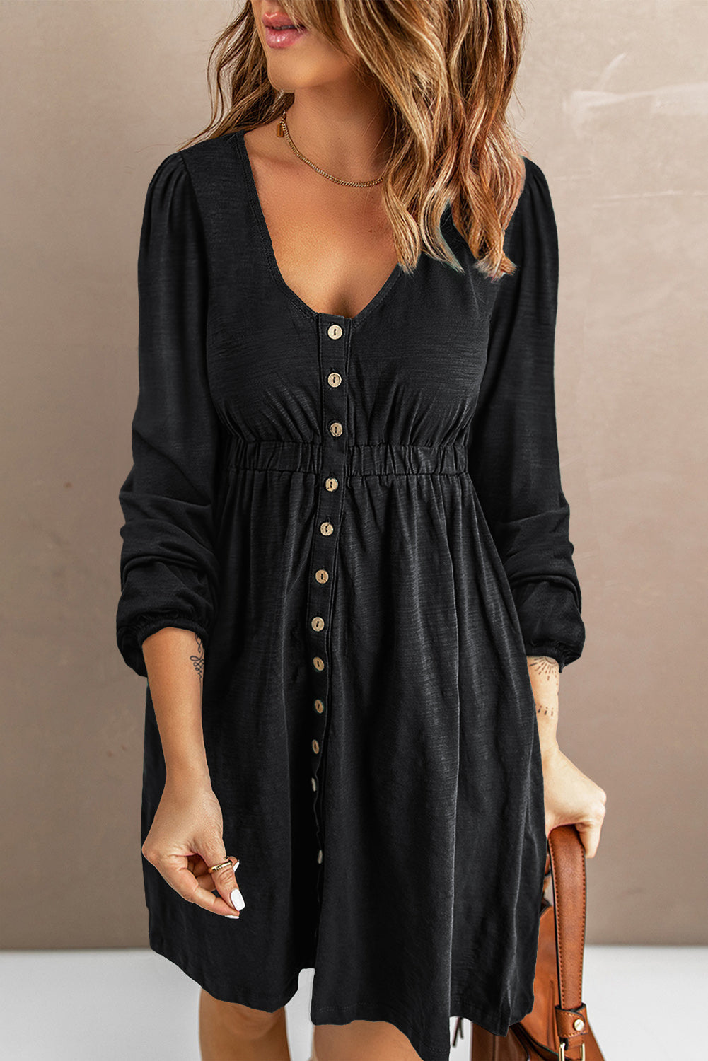 Threaded Pear Julianna Button Up High Waist Long Sleeve Dress