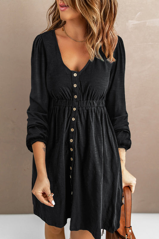 Julianna Button Up High Waist Long Sleeve Dress - Threaded Pear