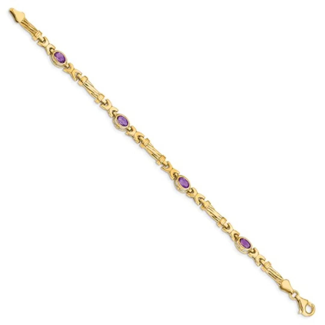 Oval Purple Amethyst Bezel 10K Yellow Gold Fancy Link Bracelet