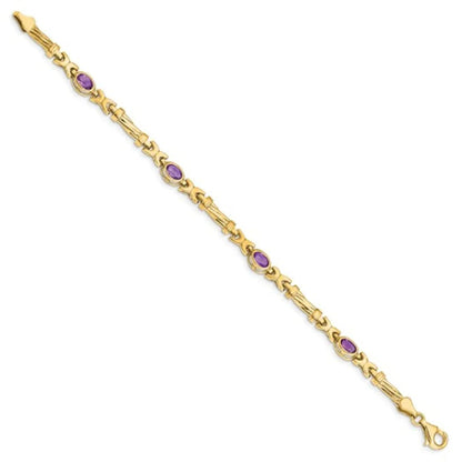 Oval Purple Amethyst Bezel 10K Yellow Gold Fancy Link Bracelet