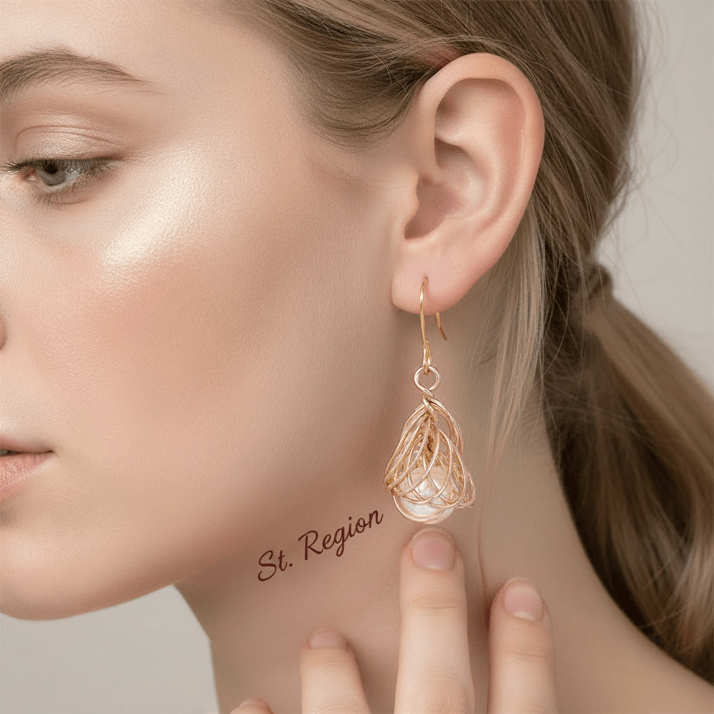 Pearl & Goldtone Sculptural Wire-Wrapped Hook Earrings