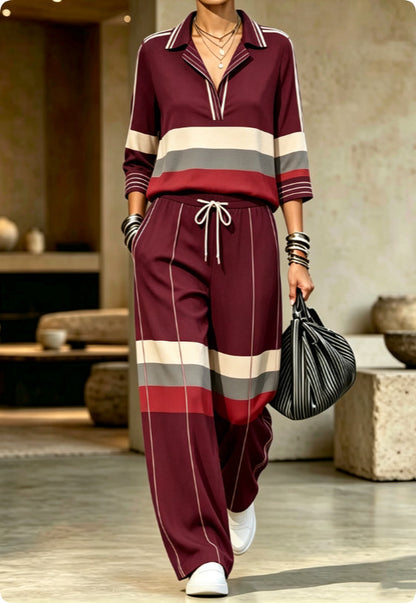 Women's V-Neck Lapel Printed Raglan Three-Quarter Sleeve Cropped Top & Wide-Leg Drawstring Trouser Set