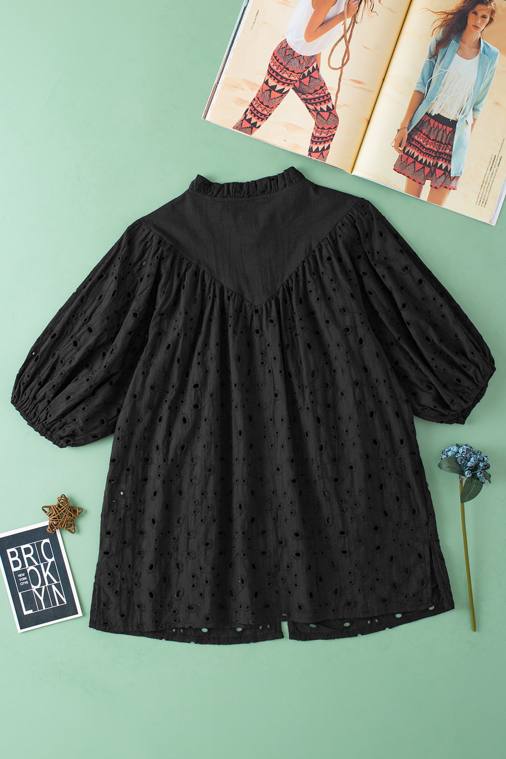 Threaded Pear Arielle Embroidered Hollow-out Puff Sleeve Blouse