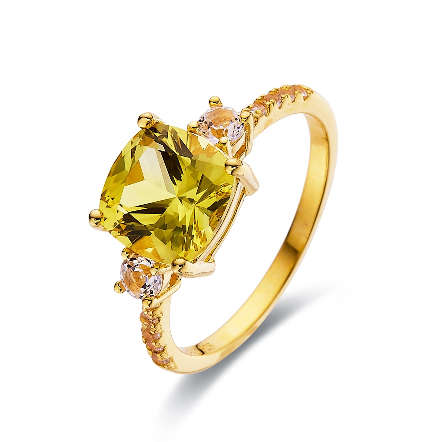 3.00 Ct Cushion Yellow Sapphire Prong 18k Yellow Gold Over Silver Three Stone Ring