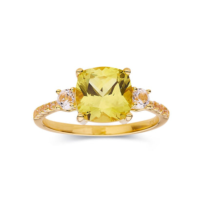 3.00 Ct Cushion Yellow Sapphire Prong 18k Yellow Gold Over Silver Three Stone Ring