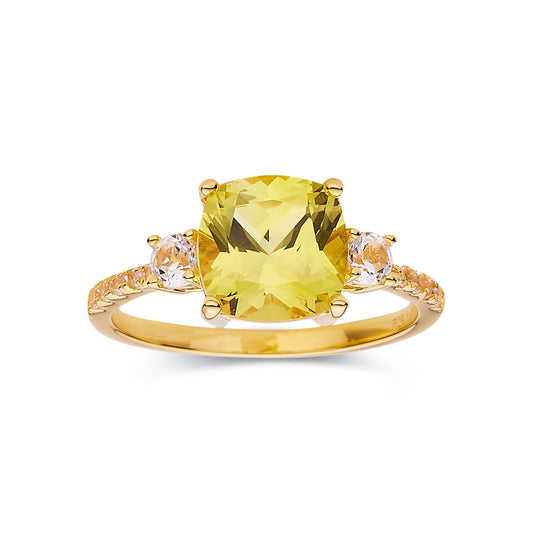 3.00 Ct Cushion Yellow Sapphire Prong 18k Yellow Gold Over Silver Three Stone Ring