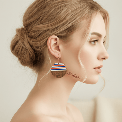 Orange & Blue Resin Wood Goldtone Striped Circular Hook Earrings