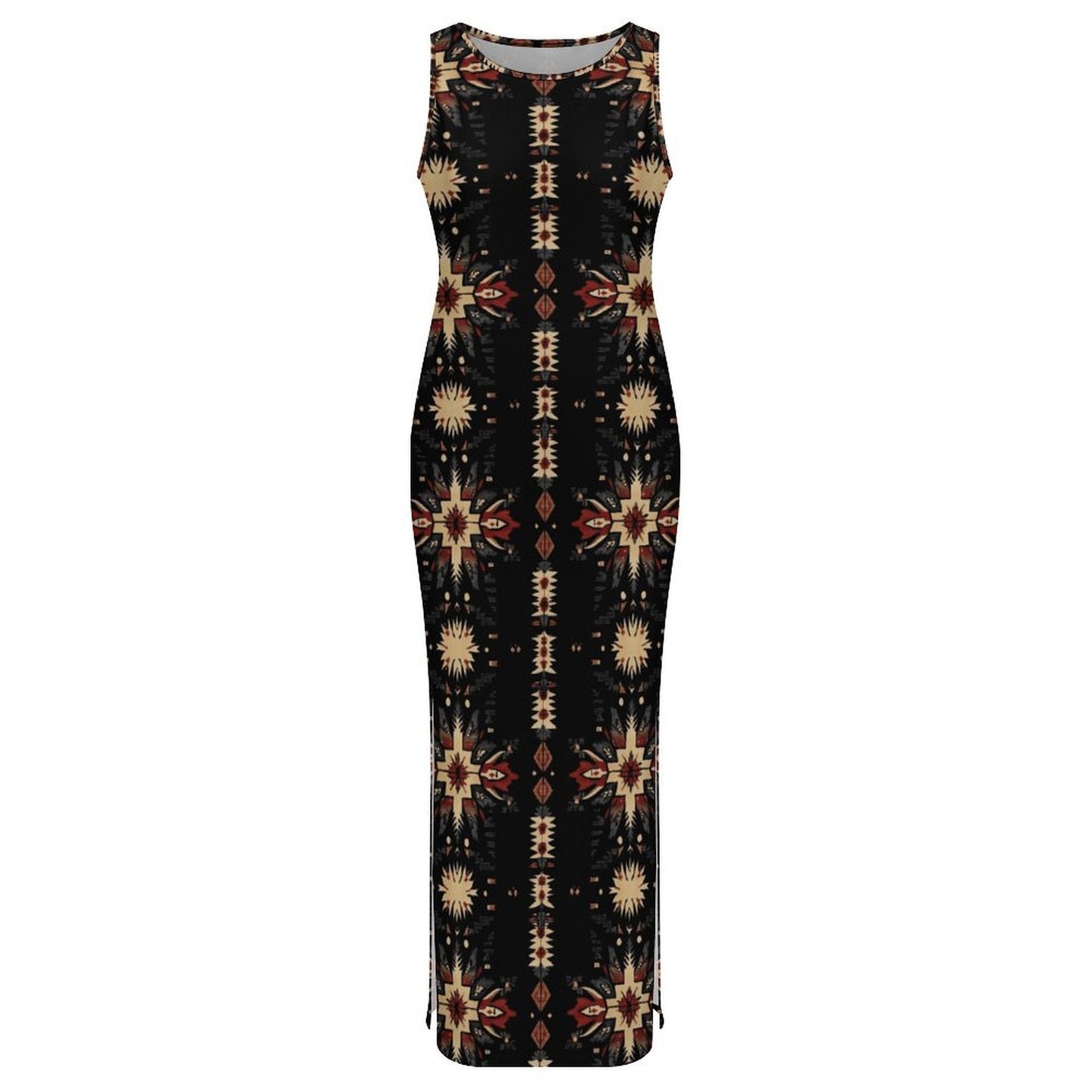 Baha Ranch Black and Tan Aztec Bodycon Side Slit Western Maxi Dress