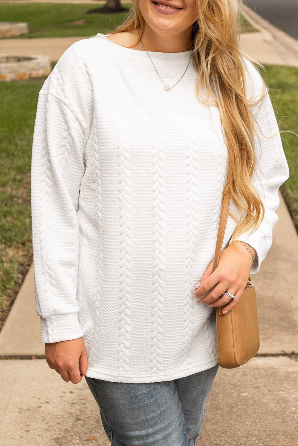 Threaded Pear White Cable Textured Loose Plus Size Sweatshirt