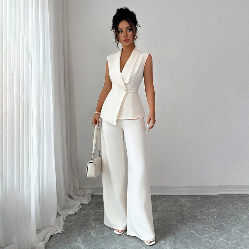 Women's Peplum Sleeveless Blazer & Wide-Leg Pants Two-Piece Set