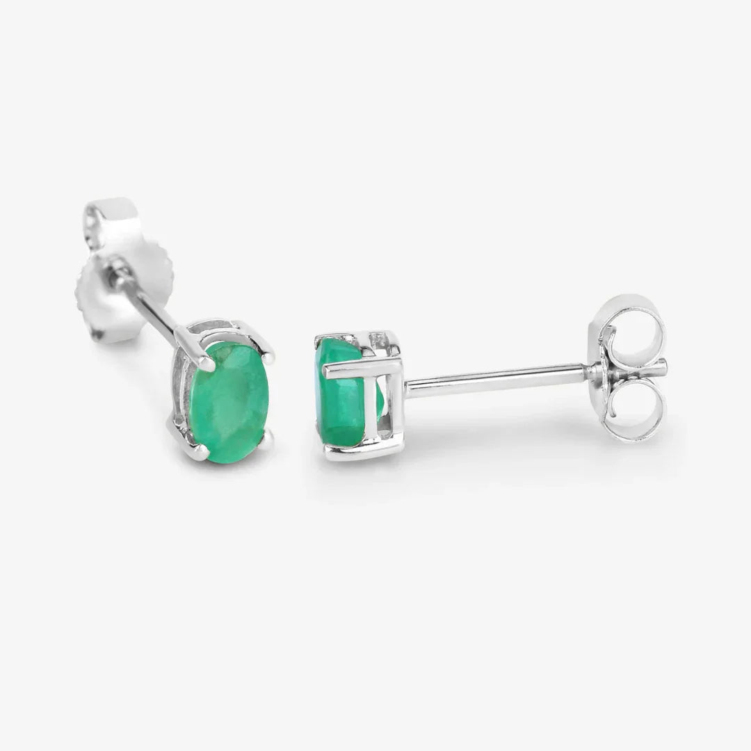 0.38 Ct Oval Green Zambian Emerald Prong 10K Gold Stud Earrings