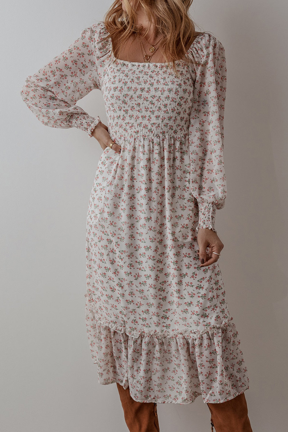 Threaded Pear Delaney Ruffled Hem Square Neck Midi Dress