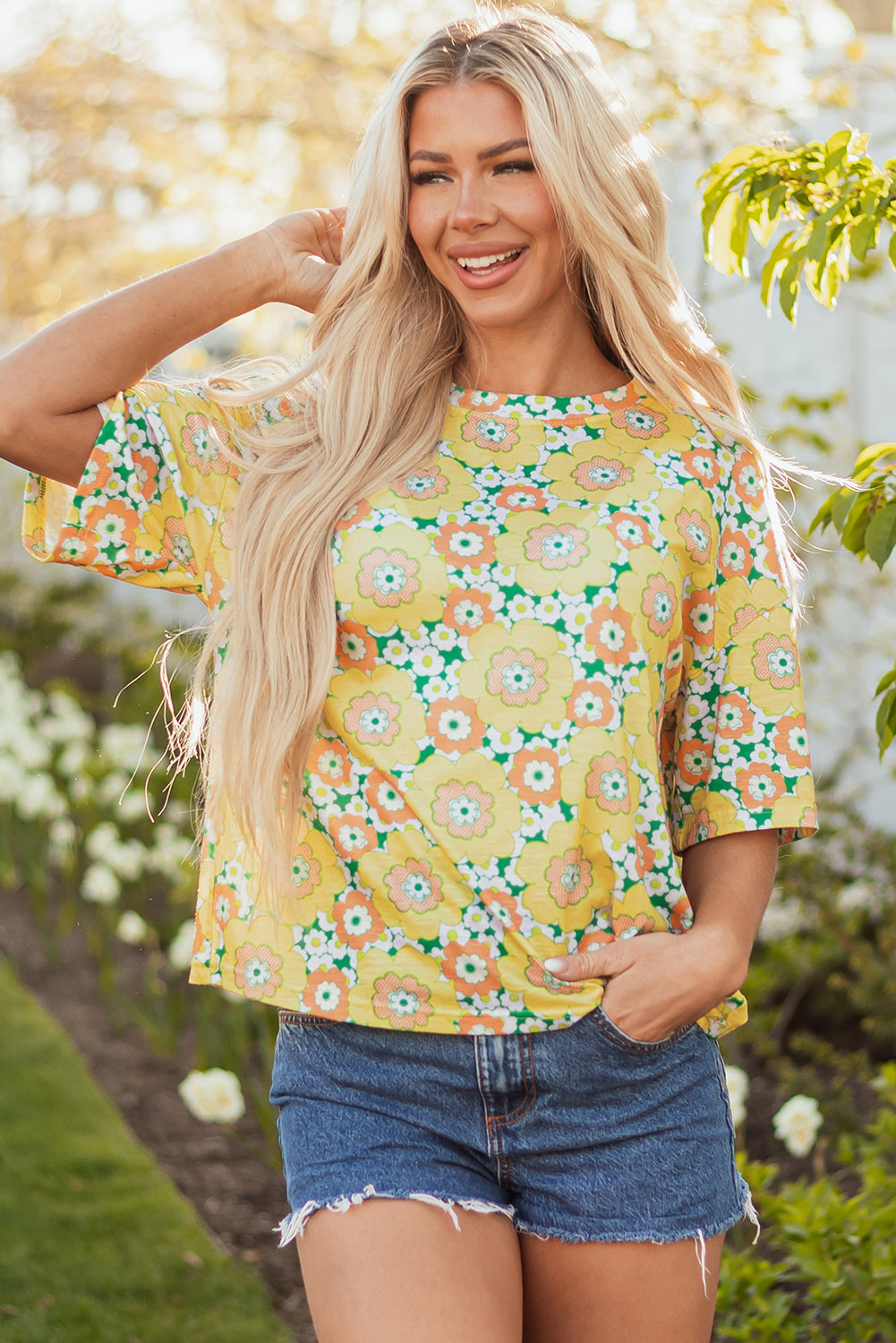 Threaded Pear Elouise Flower Drop Shoulder Loose Top