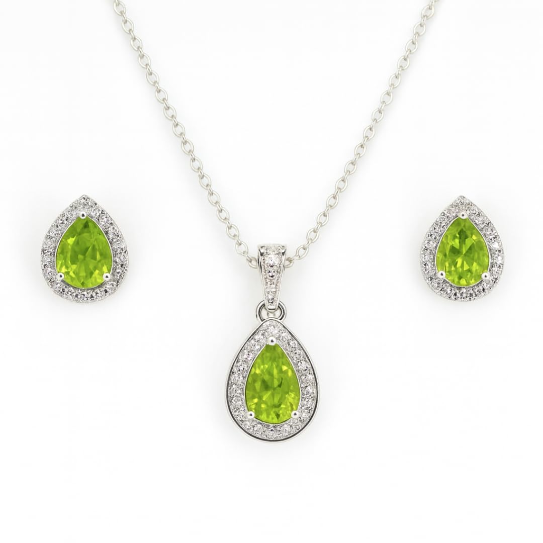 Silver Natural Pear Shaped Peridot Earrings & Necklace Jewelry Sets