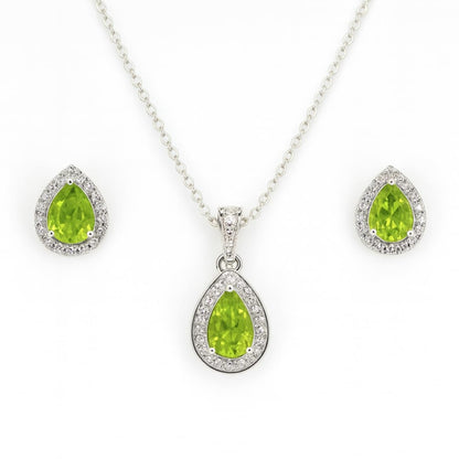 Silver Natural Pear Shaped Peridot Earrings & Necklace Jewelry Sets