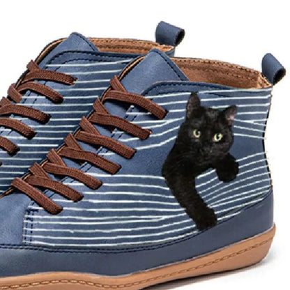 Cat Print Striped Ankle Sneakers