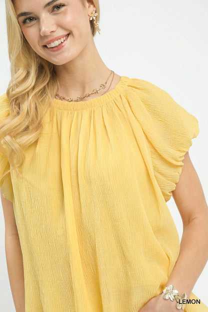 Umgee Crinkle Flutter Sleeve Peasant Top in Lemon