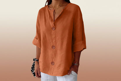 Women’s V-Neck Cotton Linen Buttoned Blouse