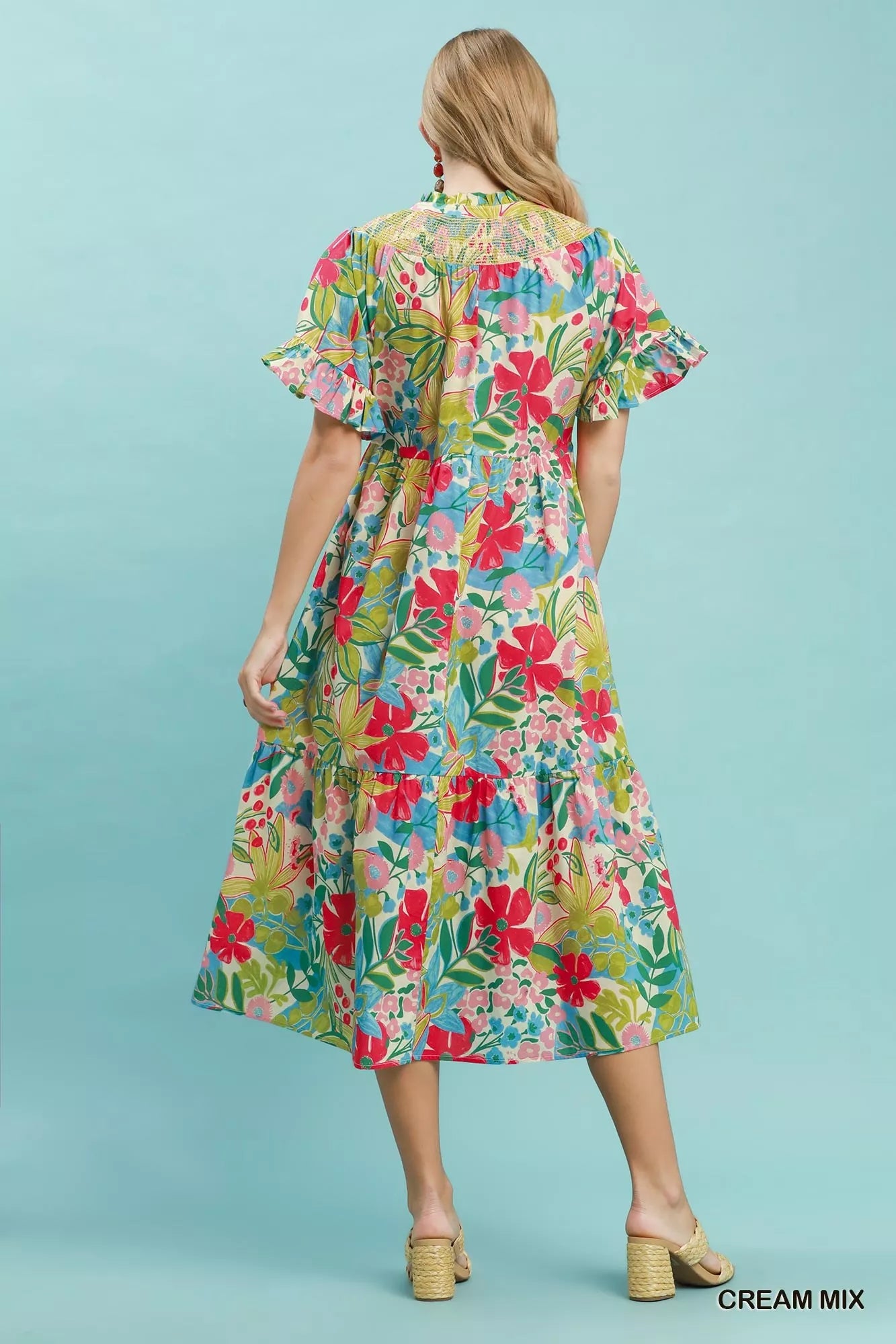 Umgee Tropical Floral Ruffle Sleeve Tiered Midi Dress in Cream