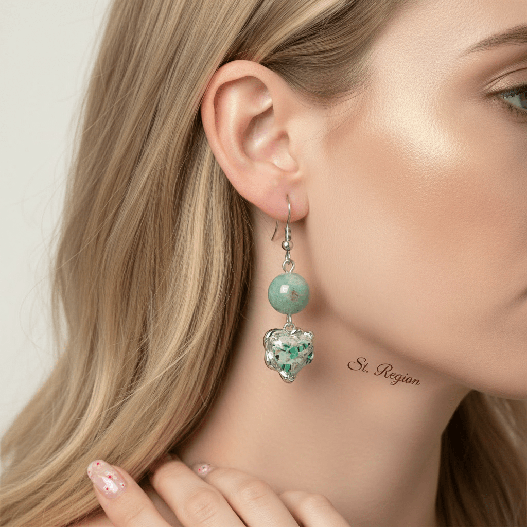 Seafoam Green Jade & Quartz Silvertone Heart Hook Earrings