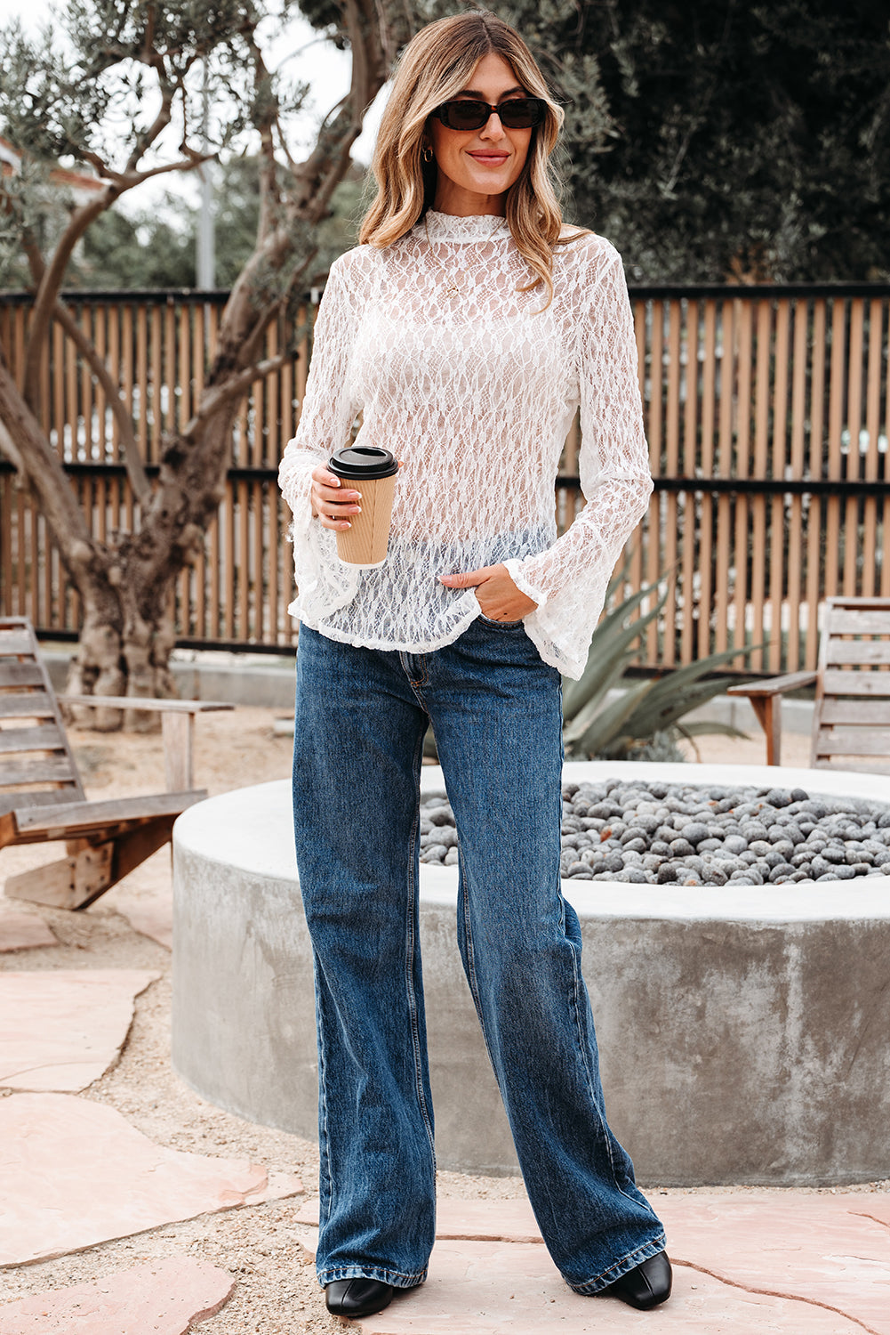 Threaded Pear Laurel Bell Sleeve Mock Blouse