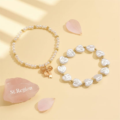 Heart-Shape Pearl & Goldtone Beads Chain Bow Charm Anklet Set