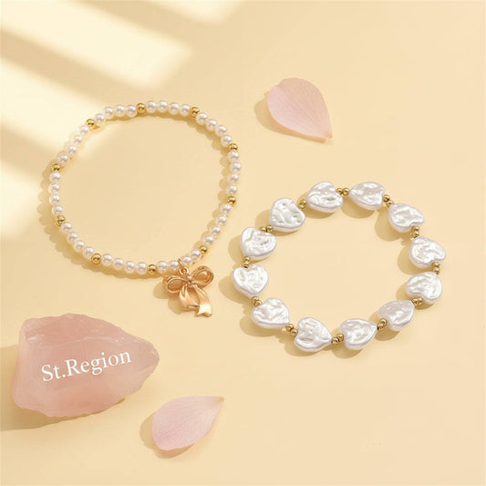Heart-Shape Pearl & Goldtone Beads Chain Bow Charm Anklet Set