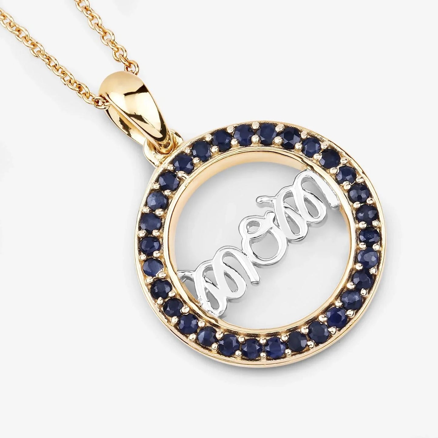 Round Blue Sapphire Prong Gold Plated Silver Mom Circle Pendant Necklace