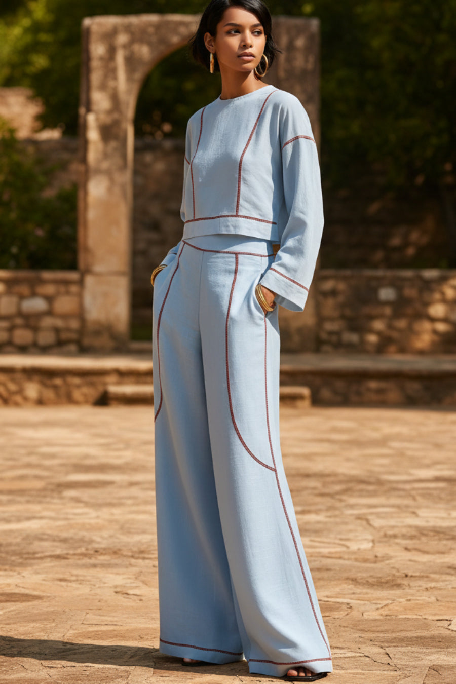 Women's Cropped Long-Sleeve Top & Ultra-Wide Palazzo Pants Set