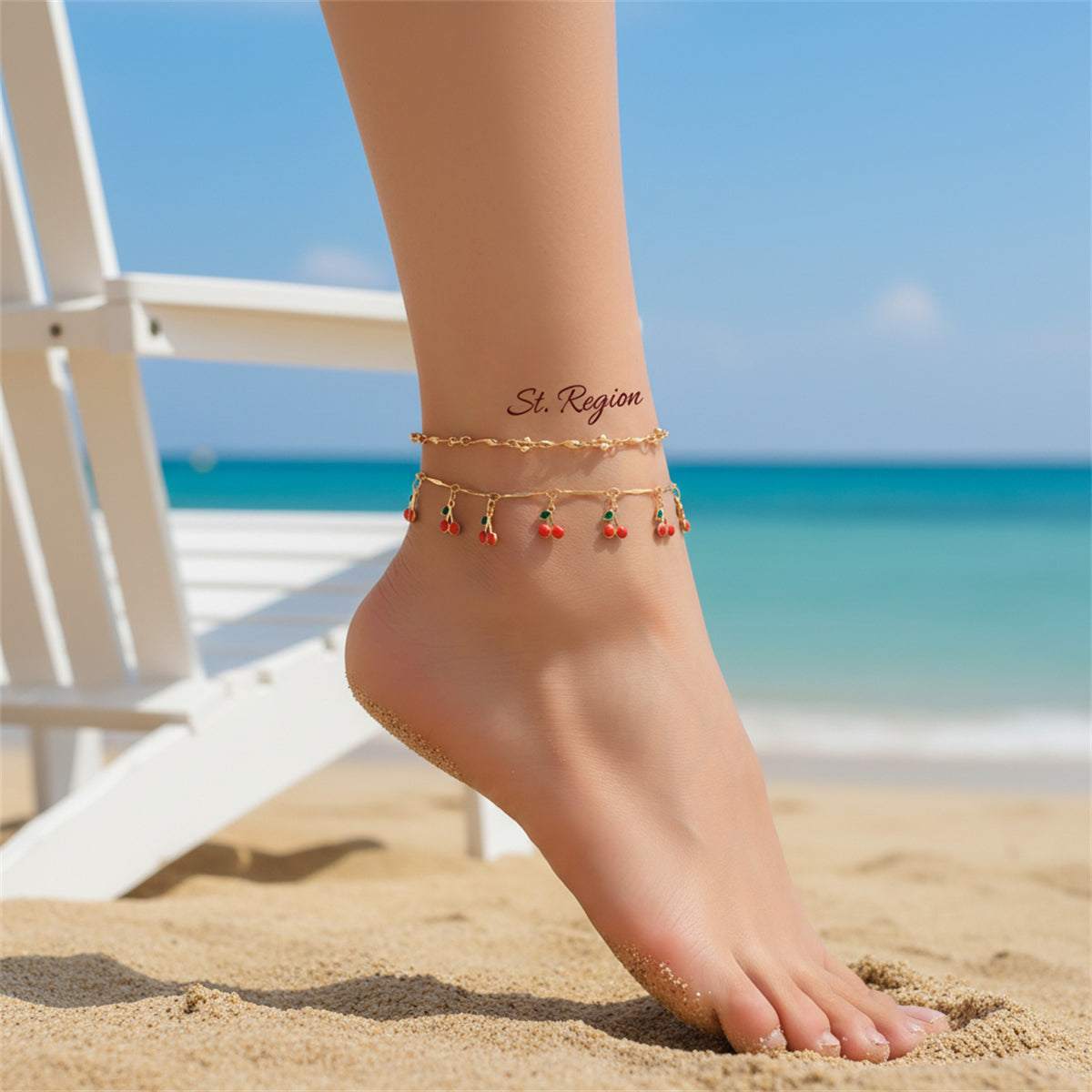Red Enamel & Goldtone Cherry Tassel Anklet Set