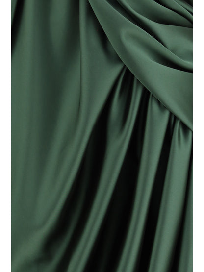 Midi Dress Draped Green Satin