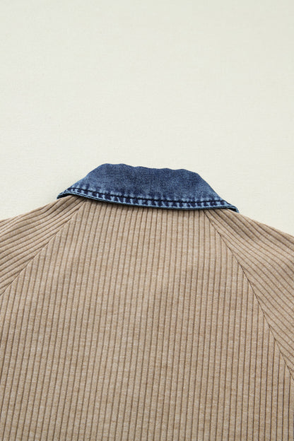 Beige Ribbed Knit Denim Patchwork Button Polo Collar Cuffed Long Sleeve Top