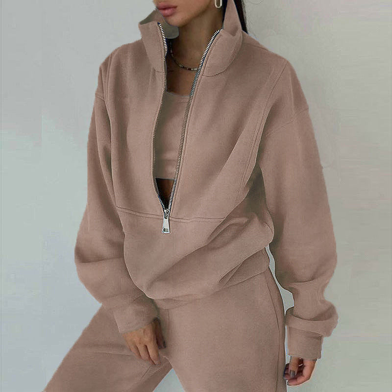 Women's Full-Zip Cropped Sweatshirt & Wide-Leg Pants Fleece Two-Piece Set
