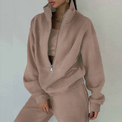Women's Full-Zip Cropped Sweatshirt & Wide-Leg Pants Fleece Two-Piece Set