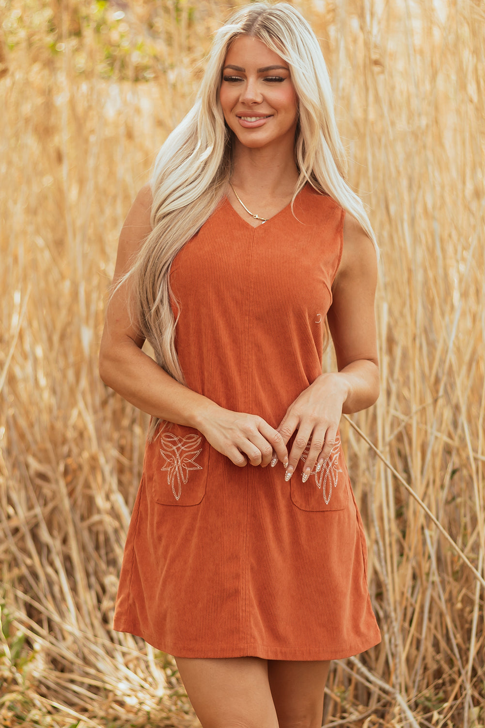 Threaded Pear Molly Corduroy Western Embroidered Patched Pocket Mini Dress