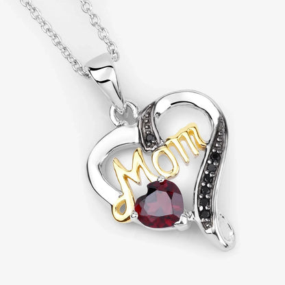 Heart Red Garnet Prong Silver Mom Heart Pendant Necklace