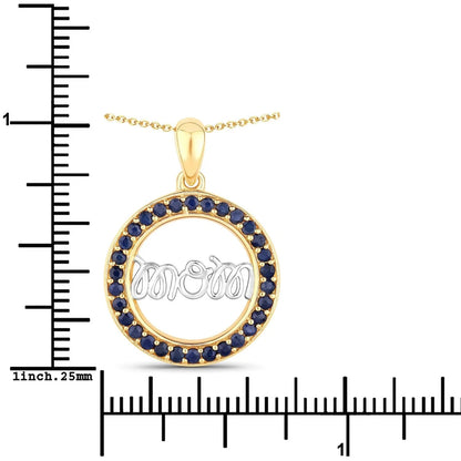 Round Blue Sapphire Prong Gold Plated Silver Mom Circle Pendant Necklace