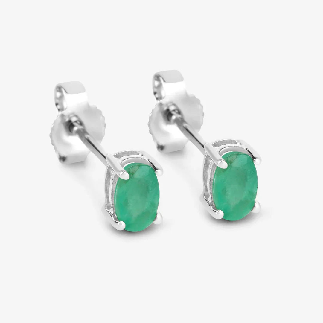 0.38 Ct Oval Green Zambian Emerald Prong 10K Gold Stud Earrings