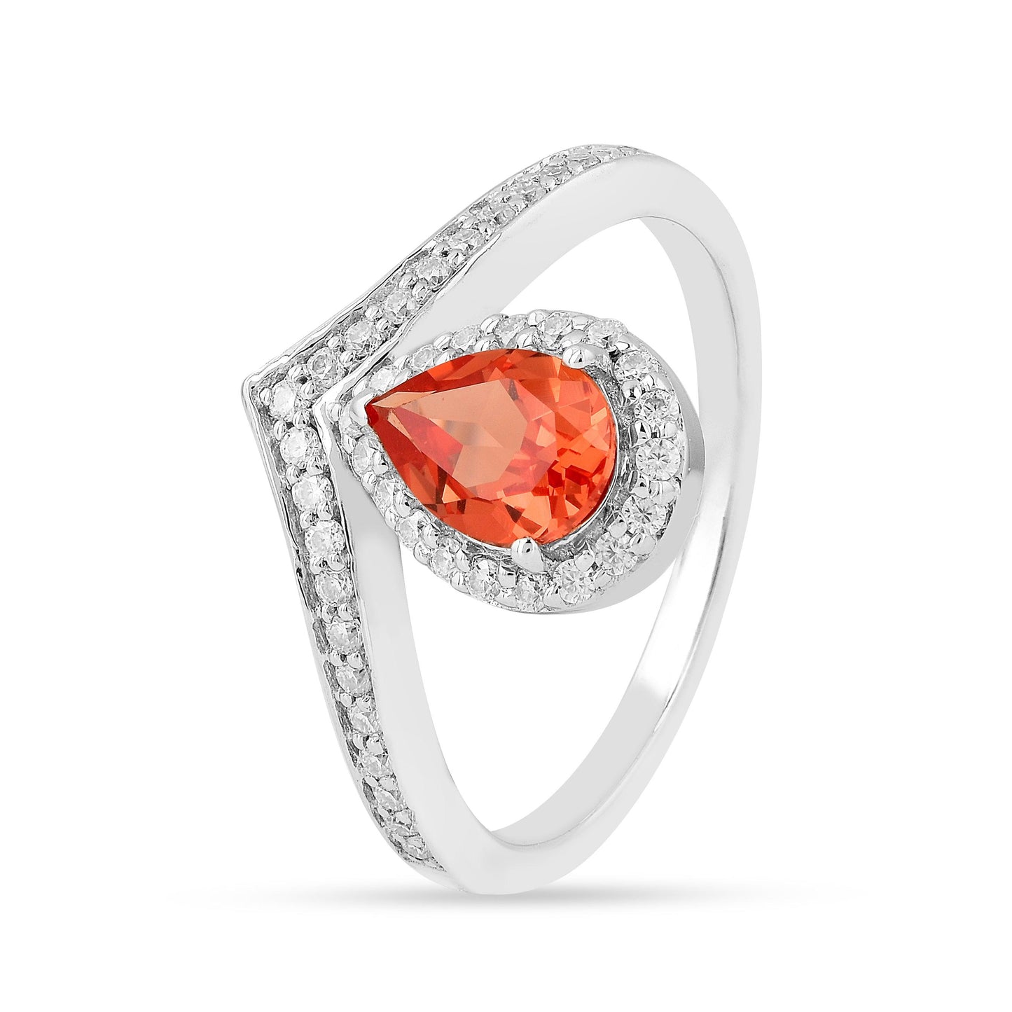 1.08 Ct Pear Lab Created Peach Sapphire and Moissanite Prong Silver Crown Ring