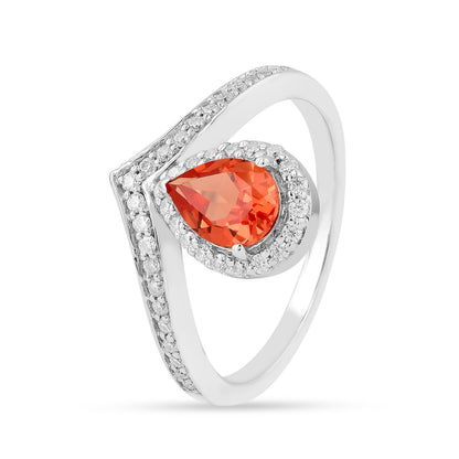 1.08 Ct Pear Lab Created Peach Sapphire and Moissanite Prong Silver Crown Ring