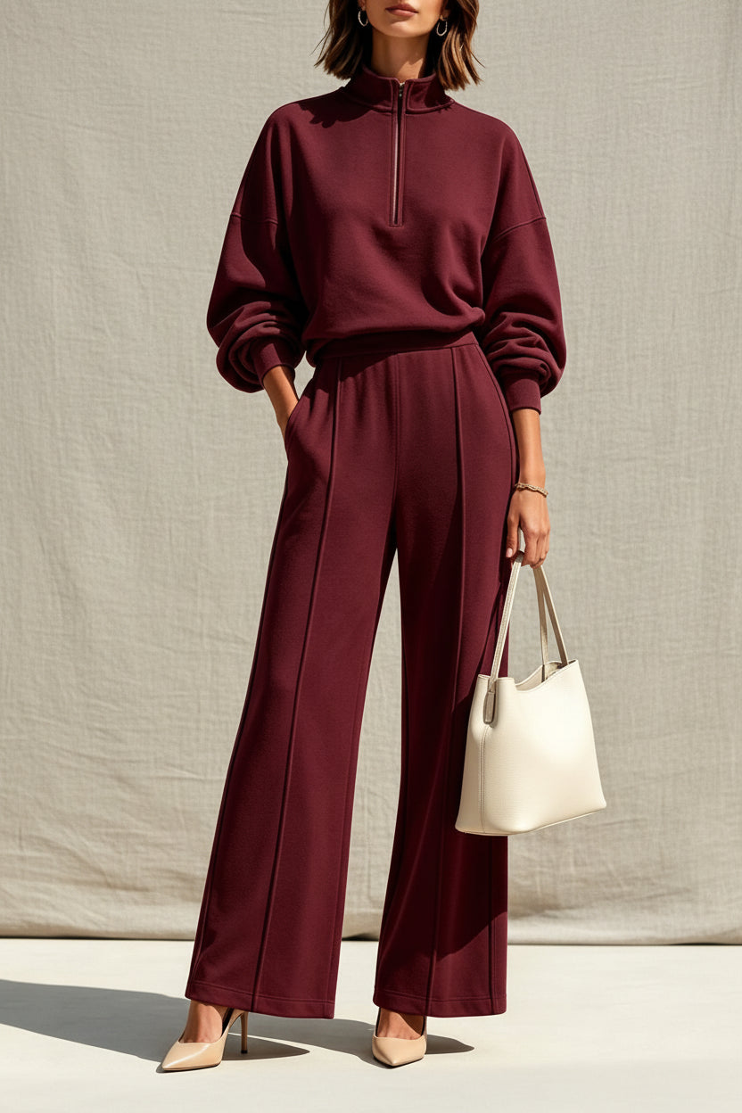 Women's Half-Zip Hoodie & Wide-Leg Pants Set