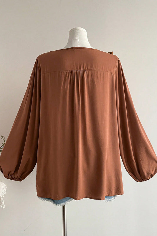 Farrah Long Sleeve Blouse Long Sleeve PLUS Top - 1X - 14W-16W / Chestnut
