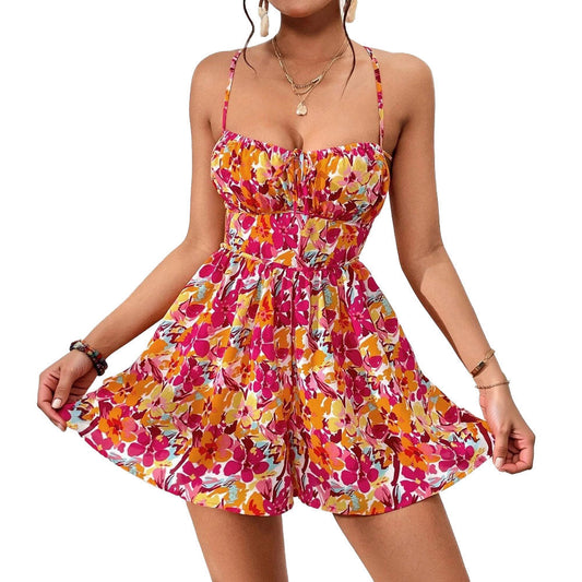 Women’s Holiday Style Dress Spring and Summer New Floral Short Skirt