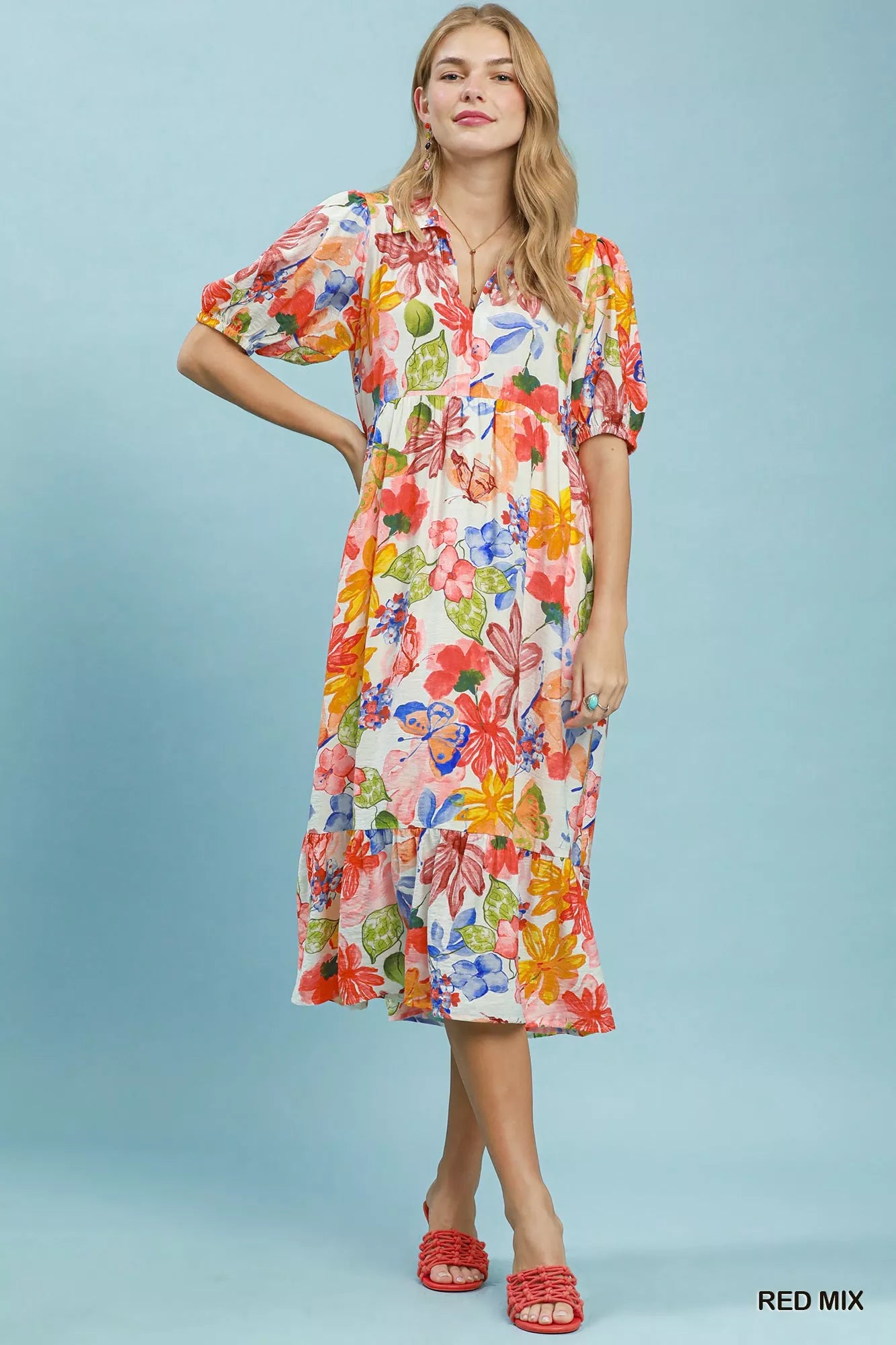 Umgee Watercolor Floral Tiered Midi Dress in Red