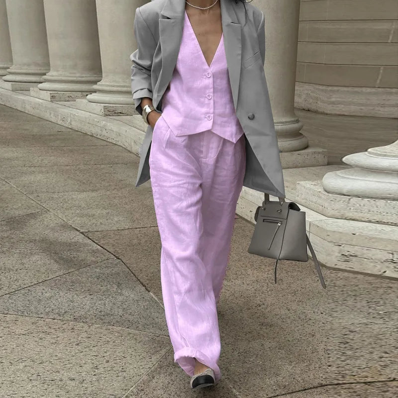 Women’s V‑Neck Button‑Front Vest & High‑Waist Pants Set
