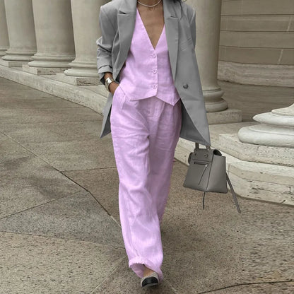 Women’s V‑Neck Button‑Front Vest & High‑Waist Pants Set